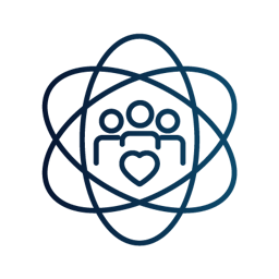 Group of people inside an atom with a heart in the center icon